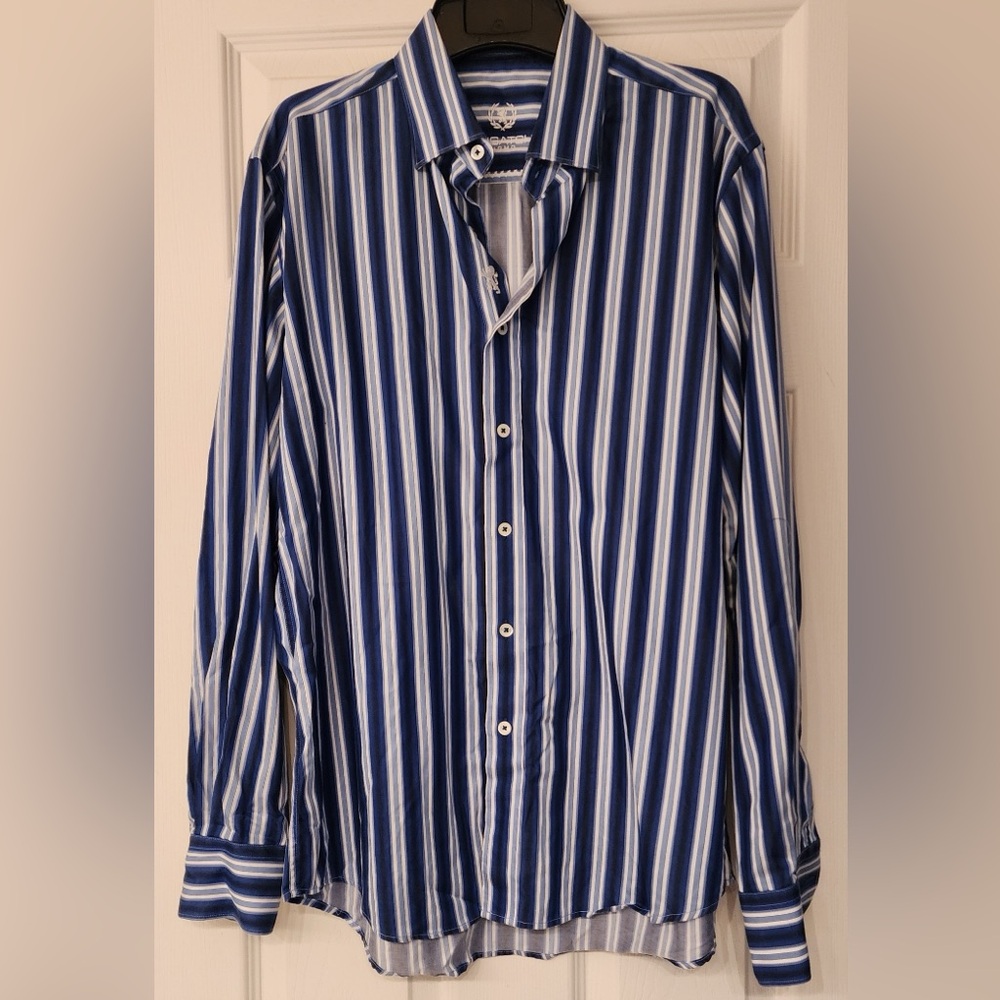 Bugatchi Uomo Shaped Fit Blue & White Stripe Men’s Buttom Down Size Medium - Picture 3 of 13